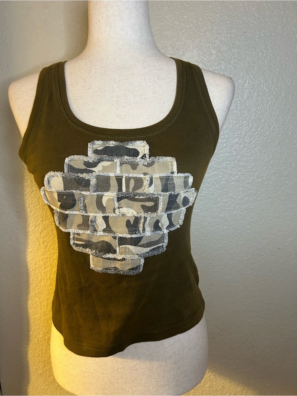 Christian Dior Y2K Olive Green Camo Patchwork Cropped Tank Top